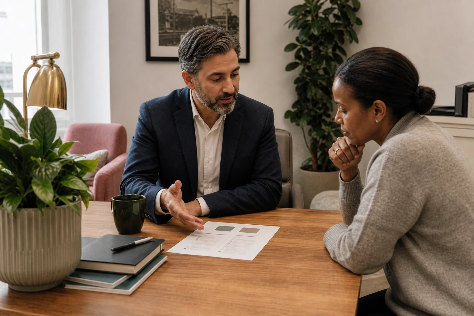A seller and a Dukes agent discussing the sales process at a kitchen table