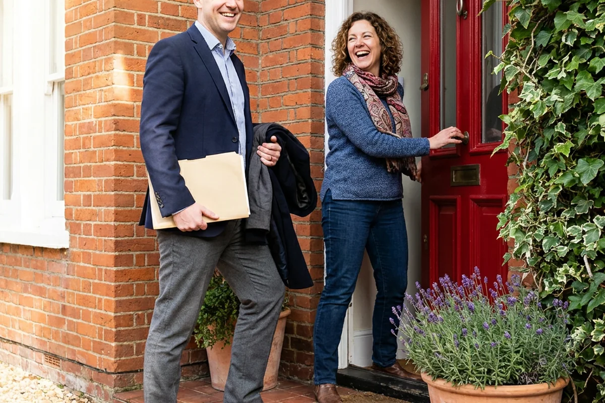 A Dukes agent arriving at a red front door, coat over his arm, greeted warmly by the homeowner