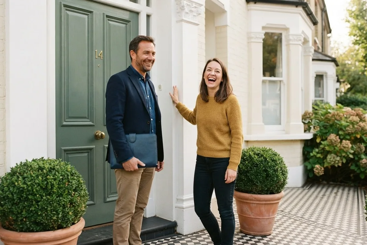 A homeowner and her Dukes agent laughing together on the doorstep at the end of a follow-up visit