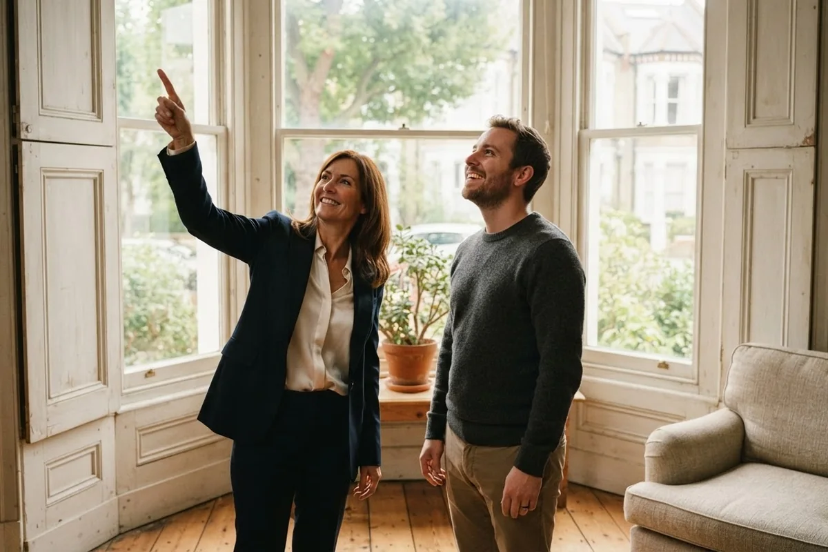 An agent and a homeowner looking up at a bay window together, pleased with the light and the original sashes