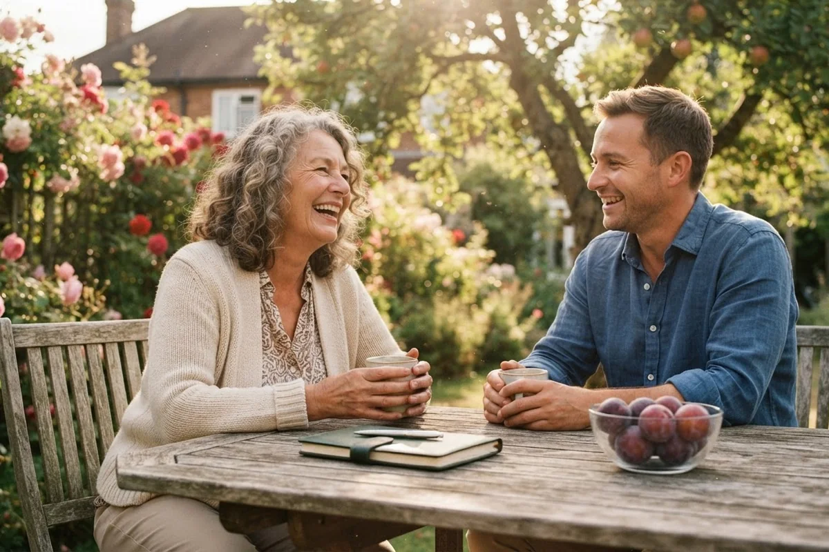 A homeowner and a Dukes agent laughing over tea at a garden table while they talk through a direct sale