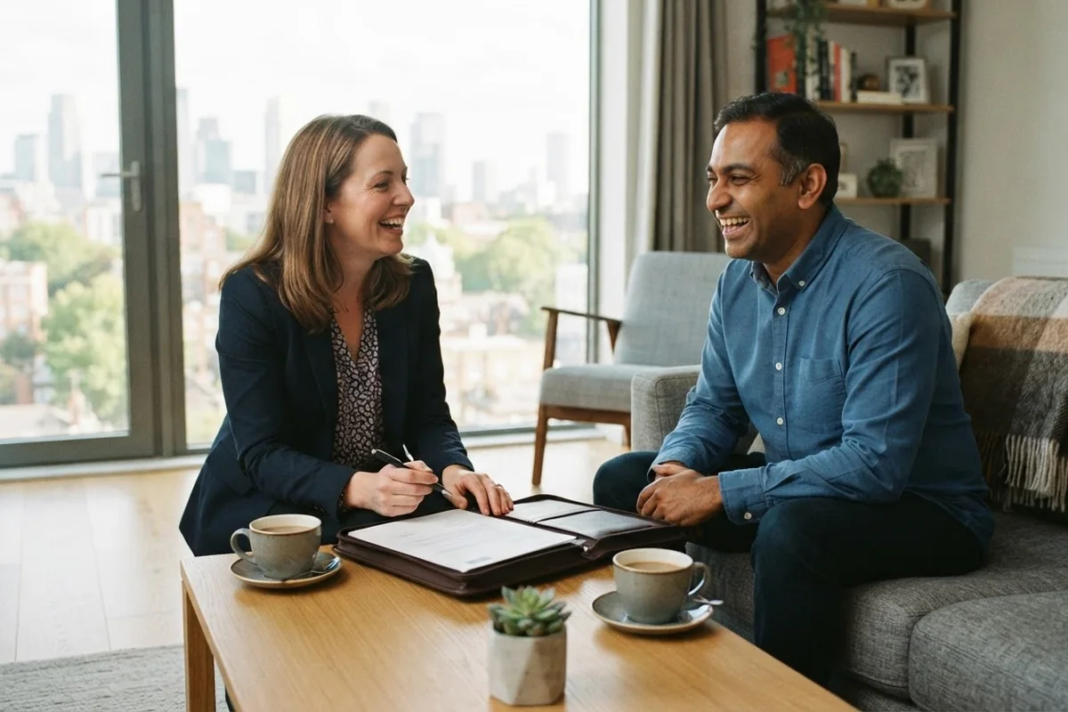 A landlord and a Dukes letting agent laughing together over coffee in his flat as she talks the arrangement through
