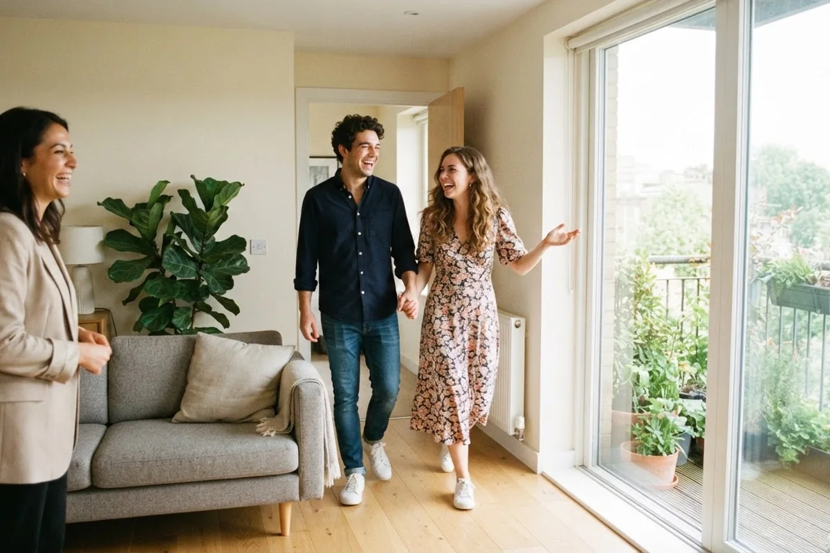 A young couple stepping into a bright flat for the first time, delighted, with the agent laughing alongside them
