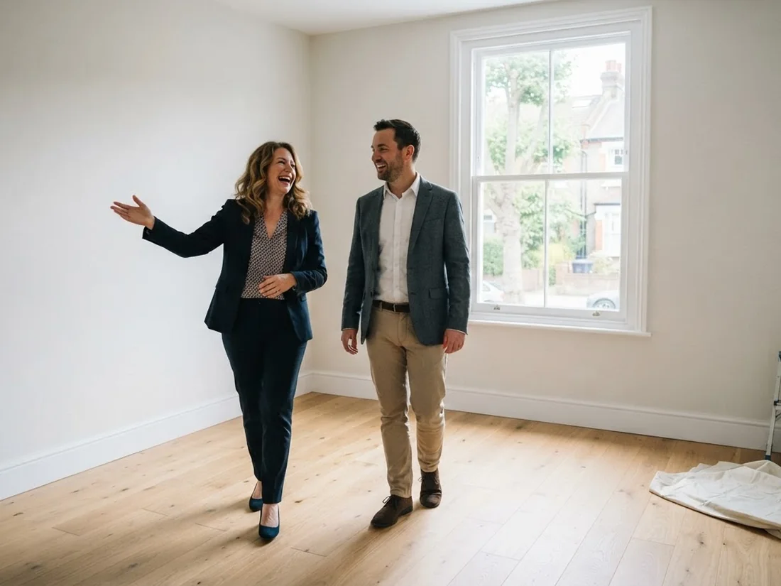 A landlord and a property manager walking through an empty, freshly prepared rental room, laughing