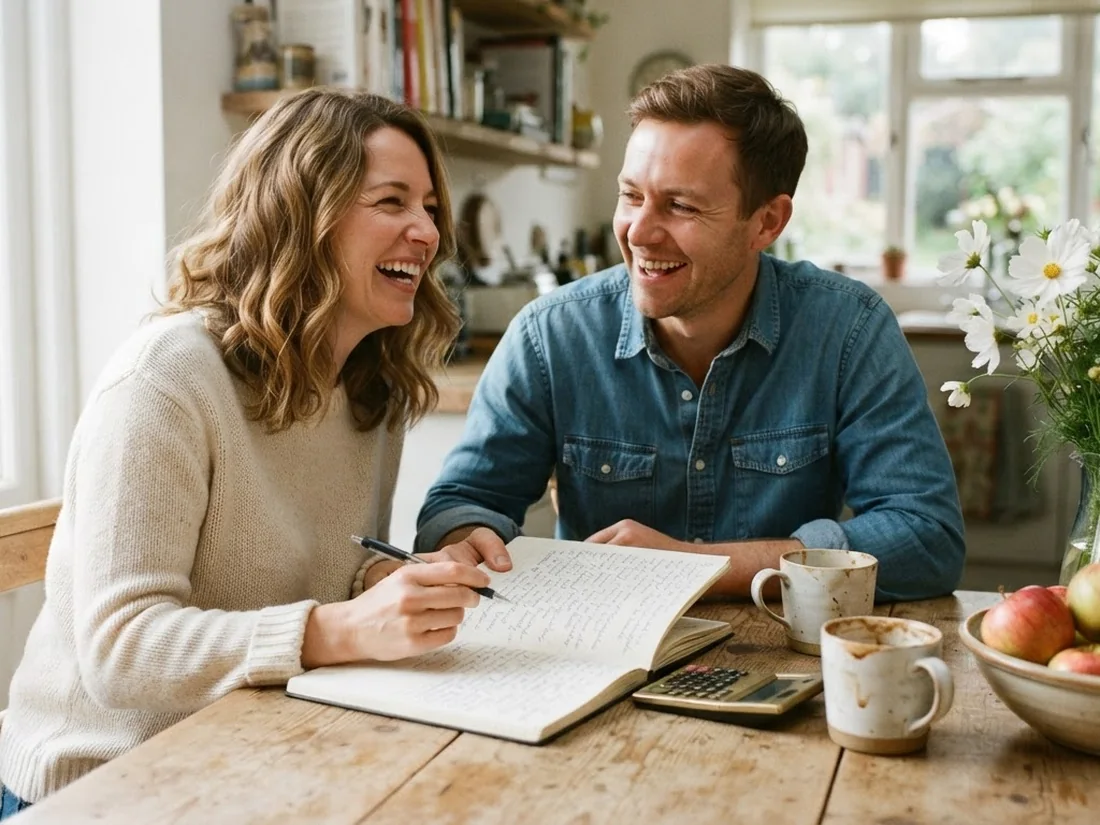A couple laughing at their kitchen table as they work the numbers out together in a notebook