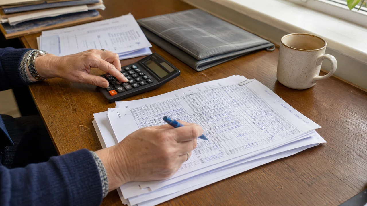 An administrator reconciling completed client-money records with a calculator and blue pen