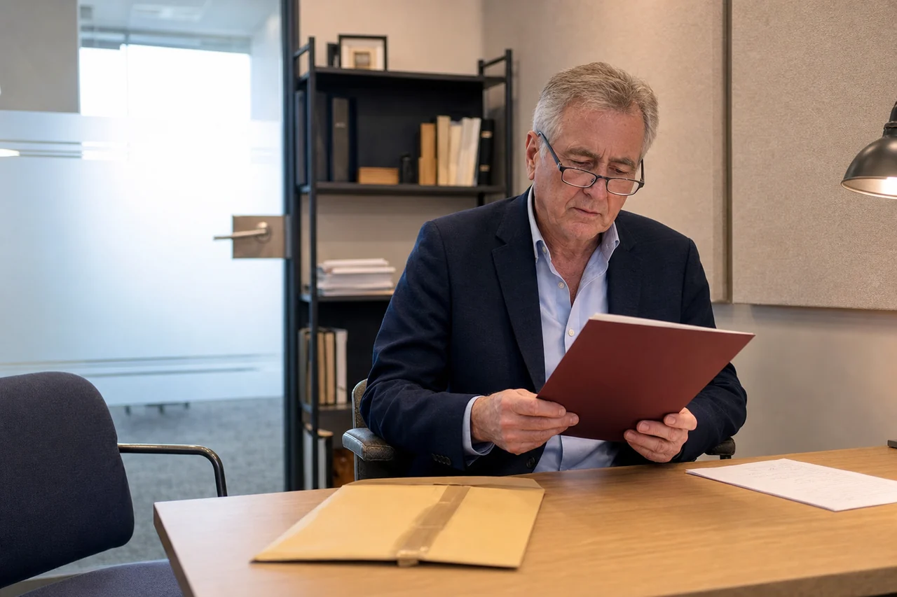 An independent reviewer discussing an opened, annotated complaint file with a tenant