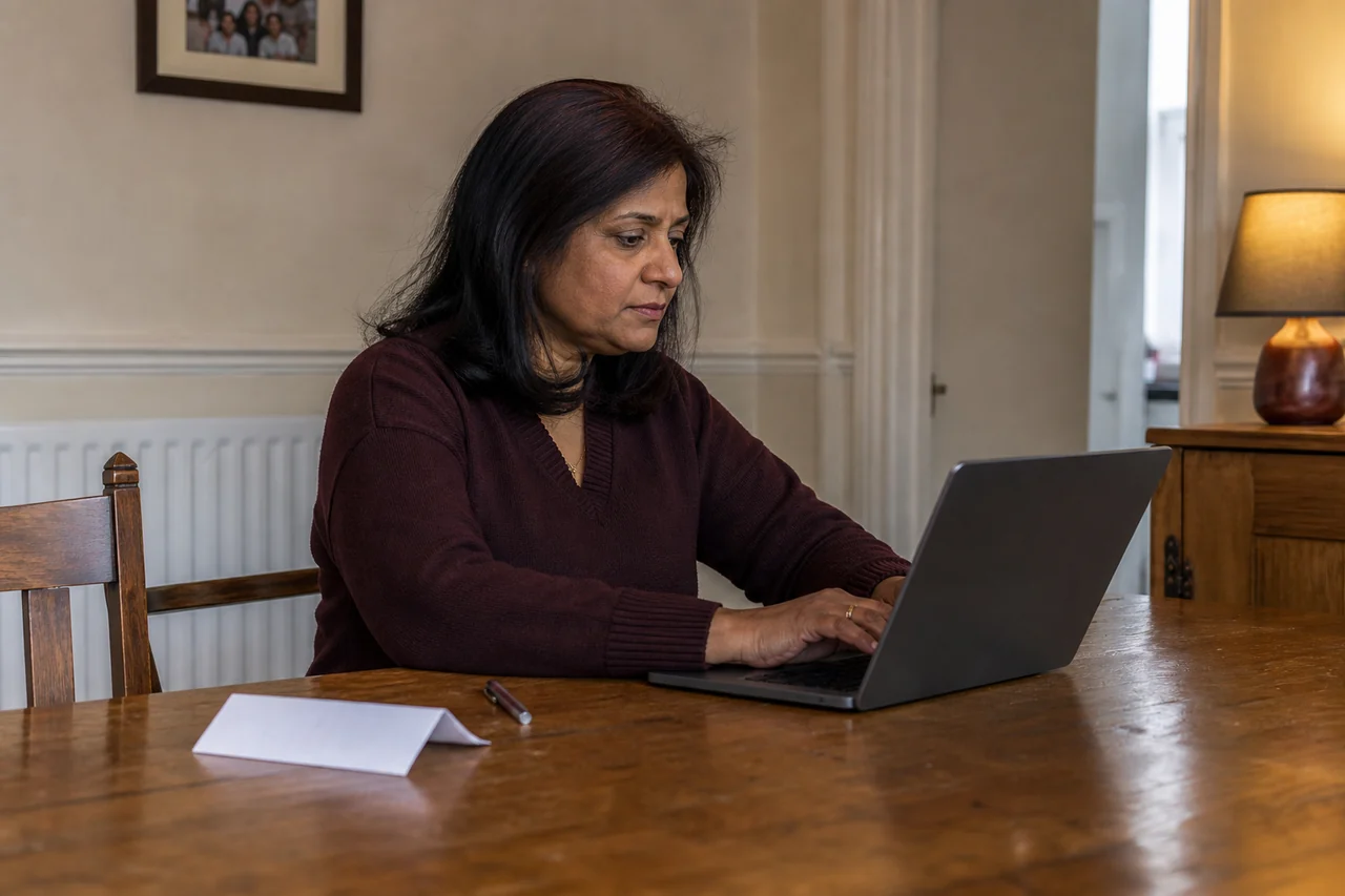 A tenant adding handwritten notes to a completed complaint draft beside a laptop
