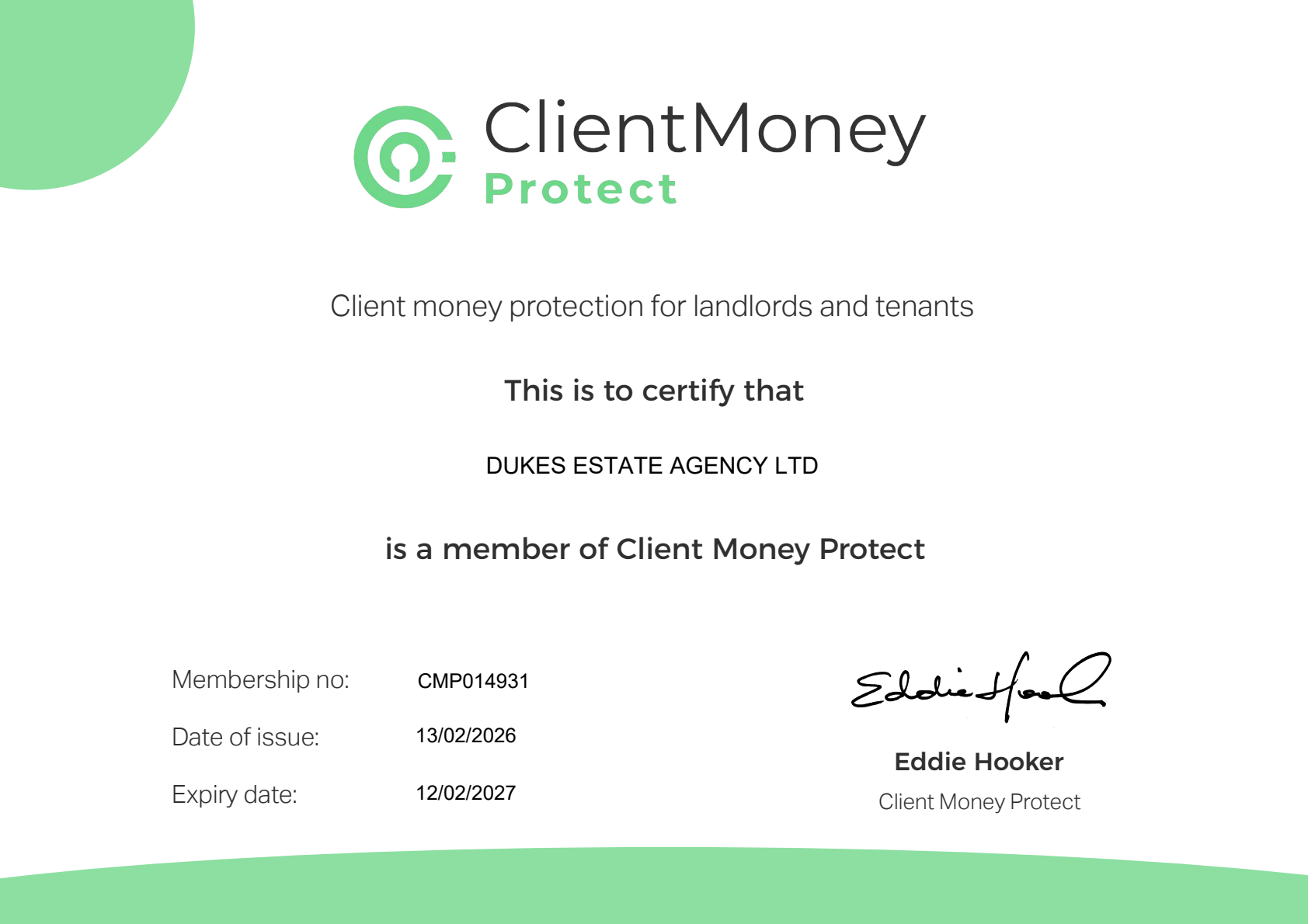 Client Money Protect certificate for Dukes Estate Agency Ltd, membership CMP014931, expiring 12 February 2027.