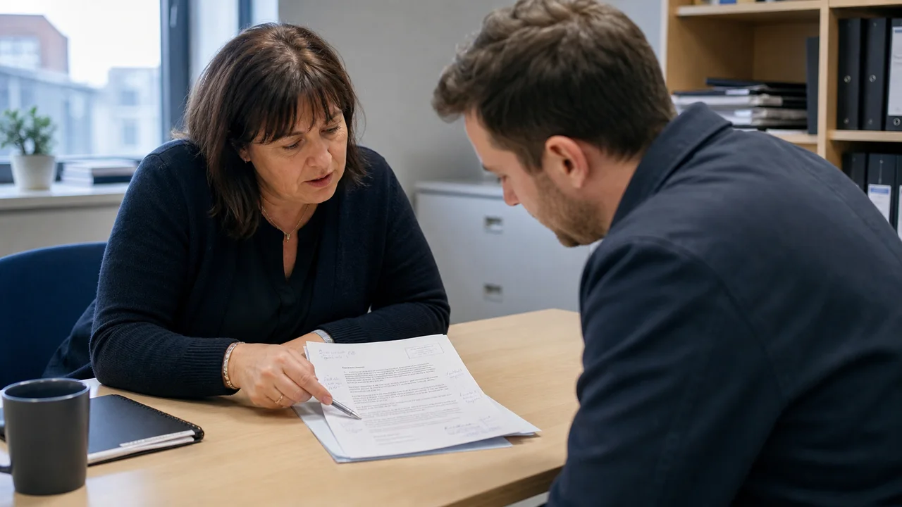A case reviewer and client examining an annotated written response together