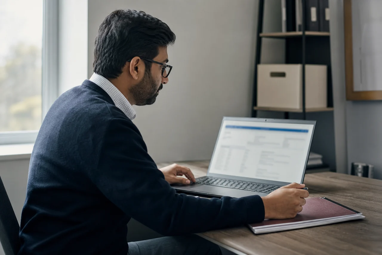 A company administrator reviewing an official registration record