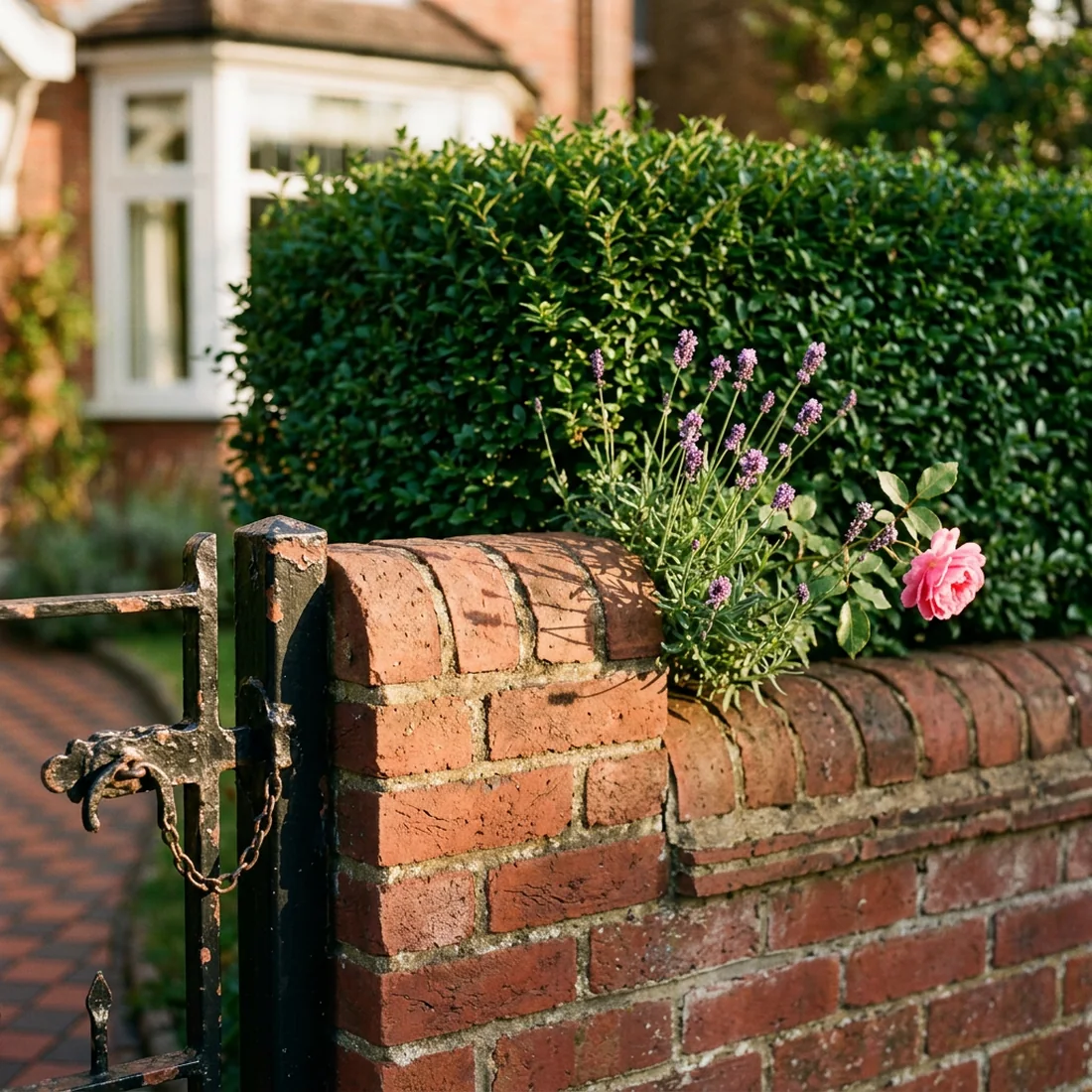 A low red brick garden wall with a black iron gate latch, privet hedge, lavender and a single rose