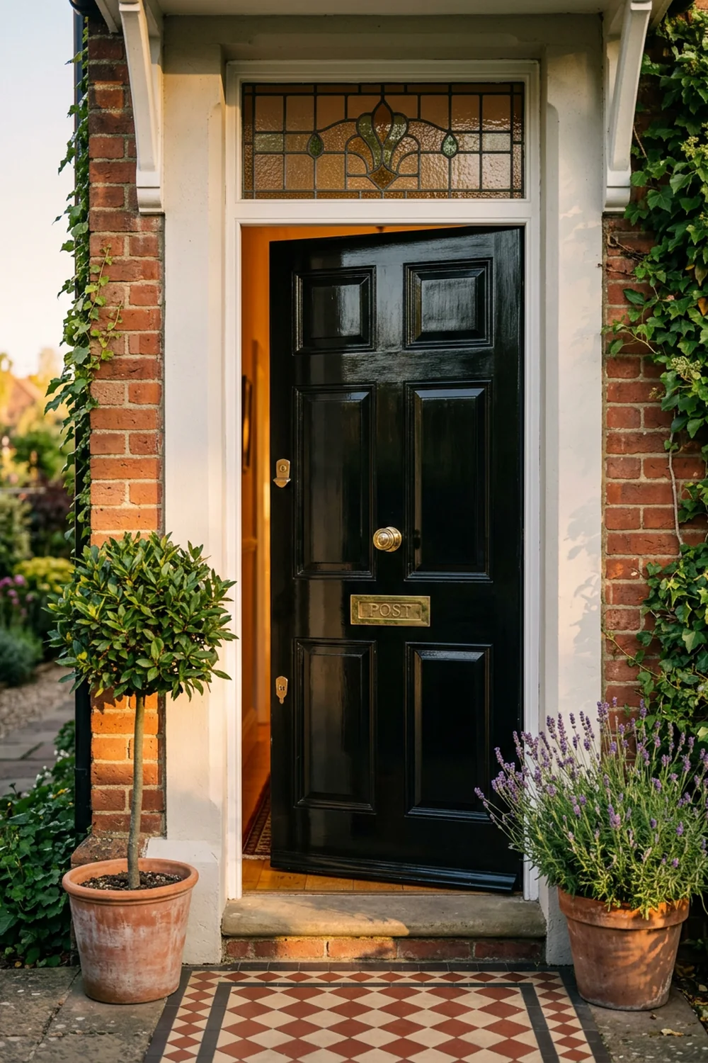 A glossy black panelled front door with a stained glass fanlight, bay tree and lavender either side