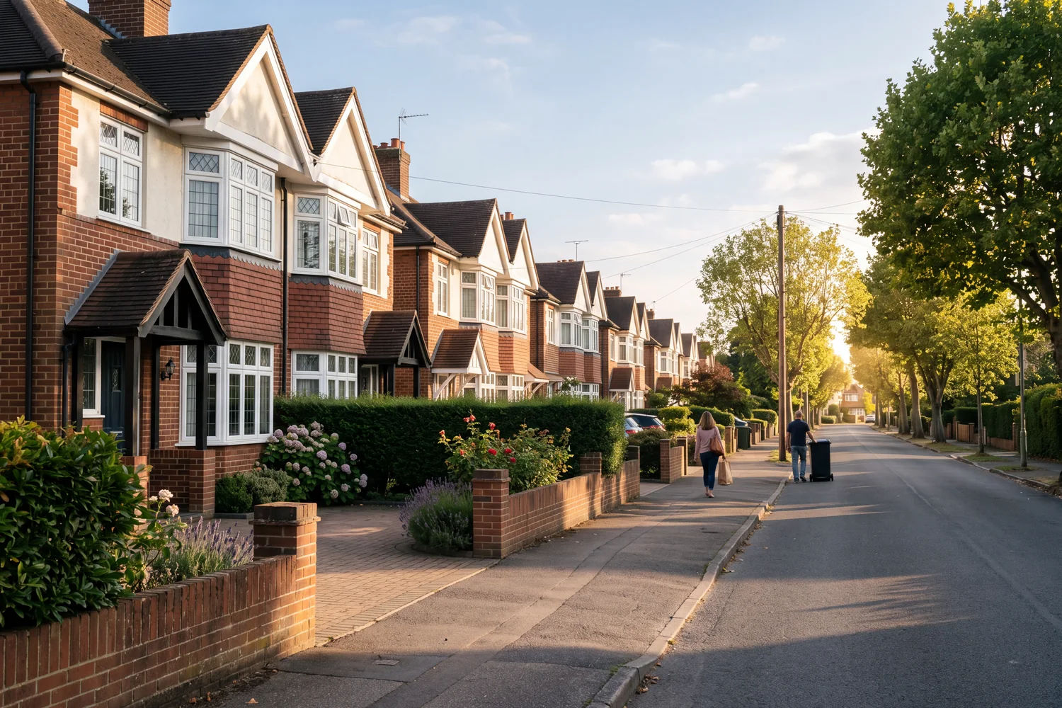 A Slough residential street of 1930s bay-fronted semis in warm late-afternoon light