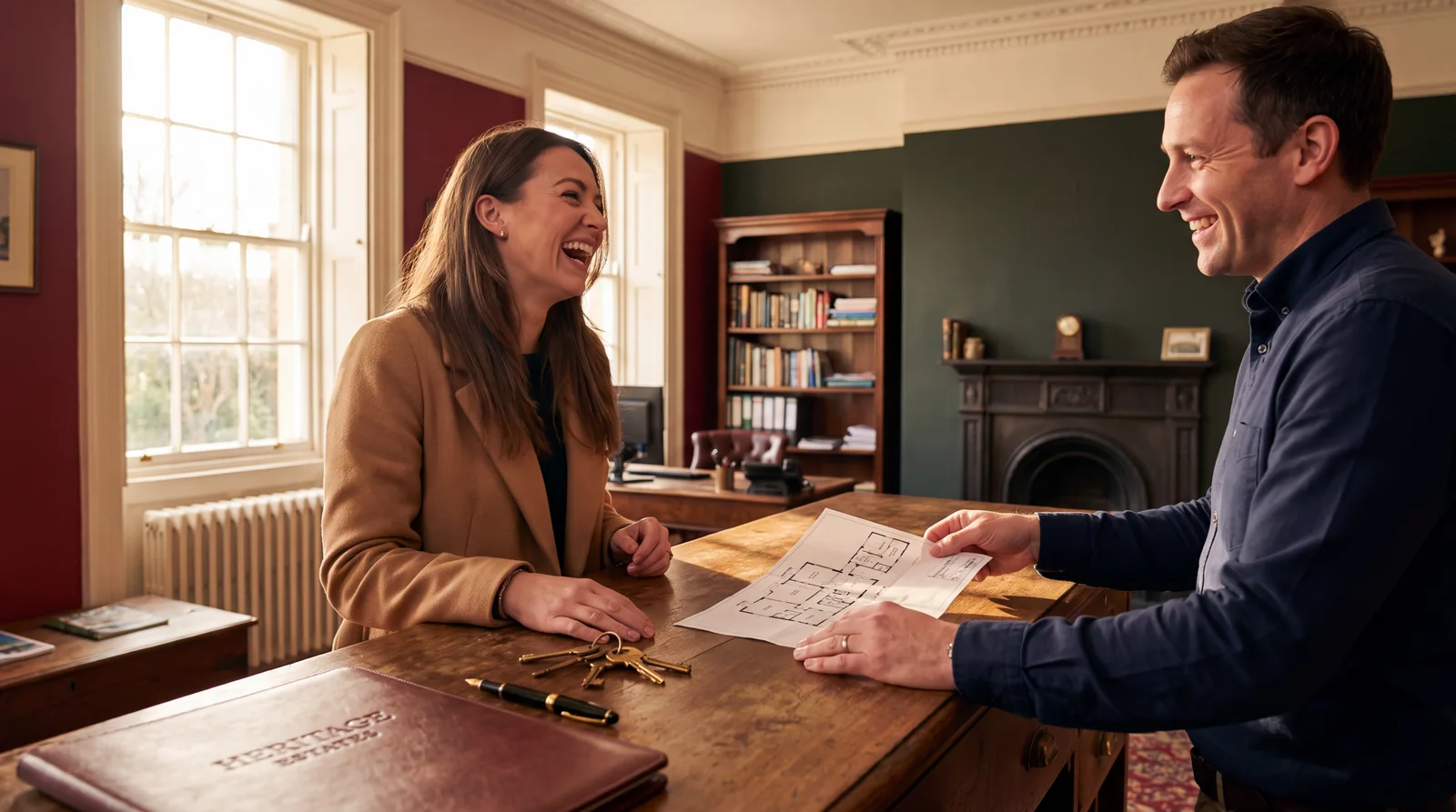 An agent and a client laughing together over a floor plan at a period walnut desk, golden-hour light through a sash window