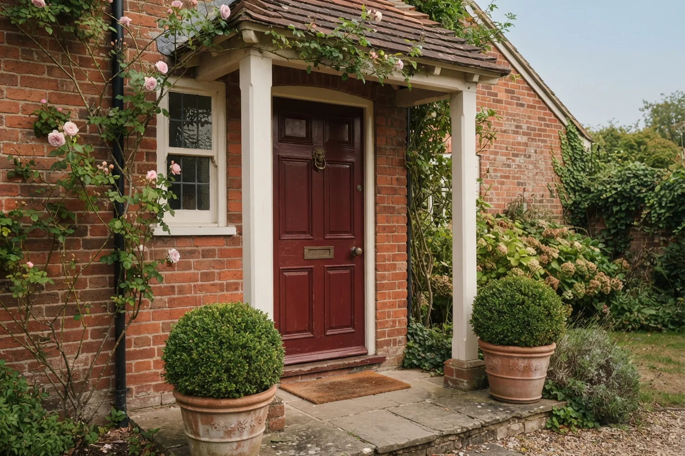 An oxblood-red front door under a tiled porch, with clipped box in terracotta pots and a climbing rose