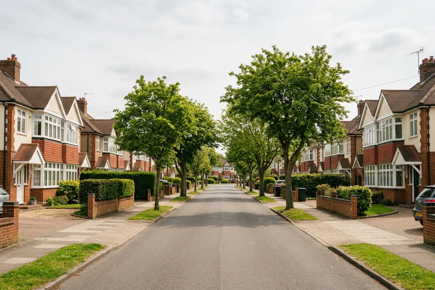 A quiet suburban residential street of bay-fronted semis under soft even daylight