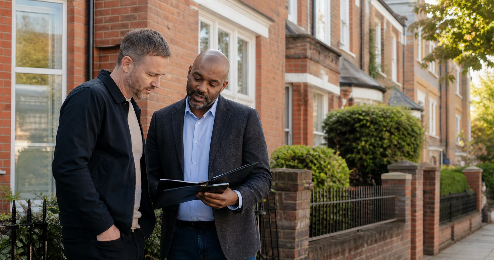 A landlord and property adviser discussing a British brick rental property outdoors