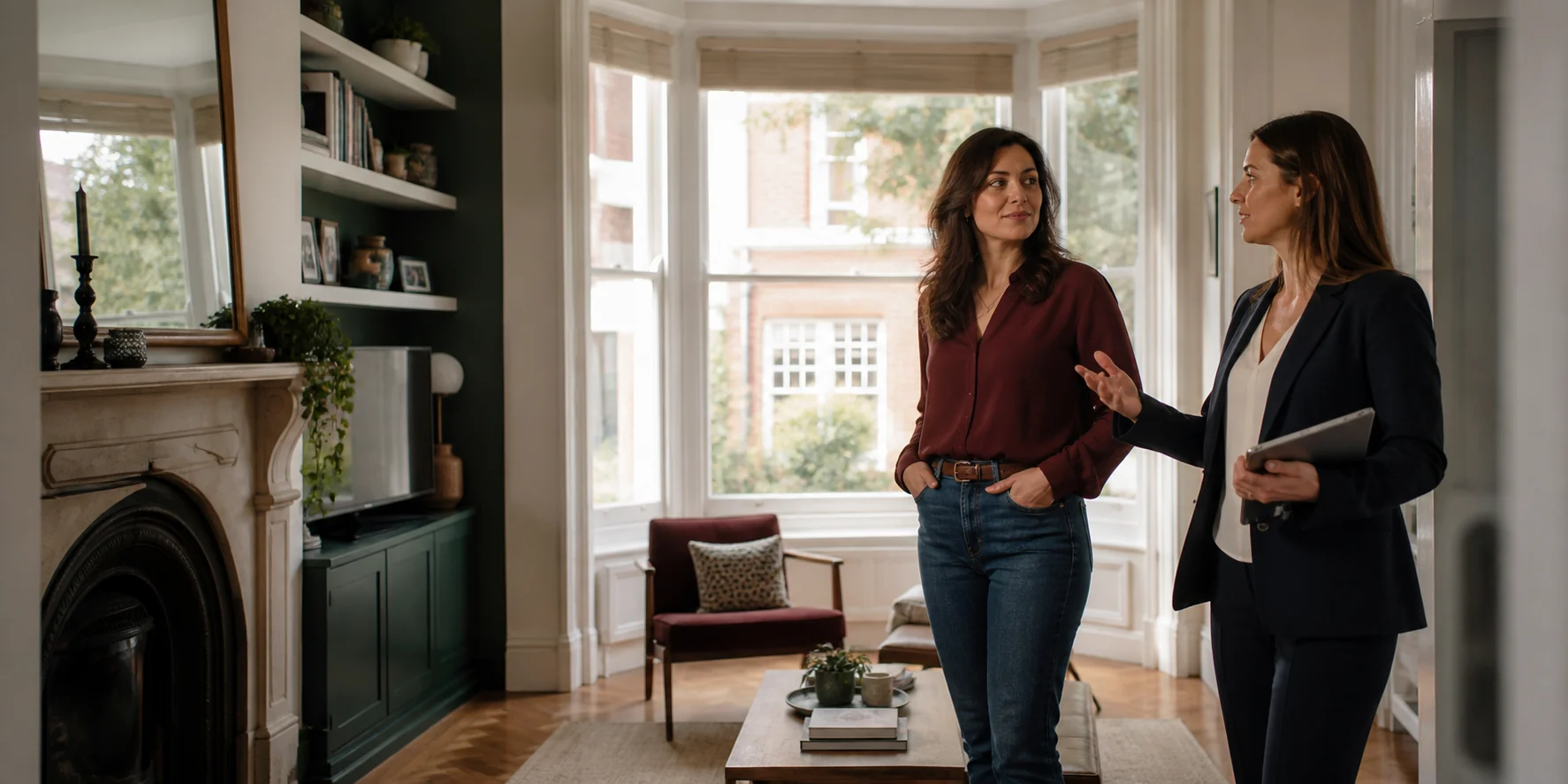 A landlord and property adviser discussing a British rental home in a bright living room