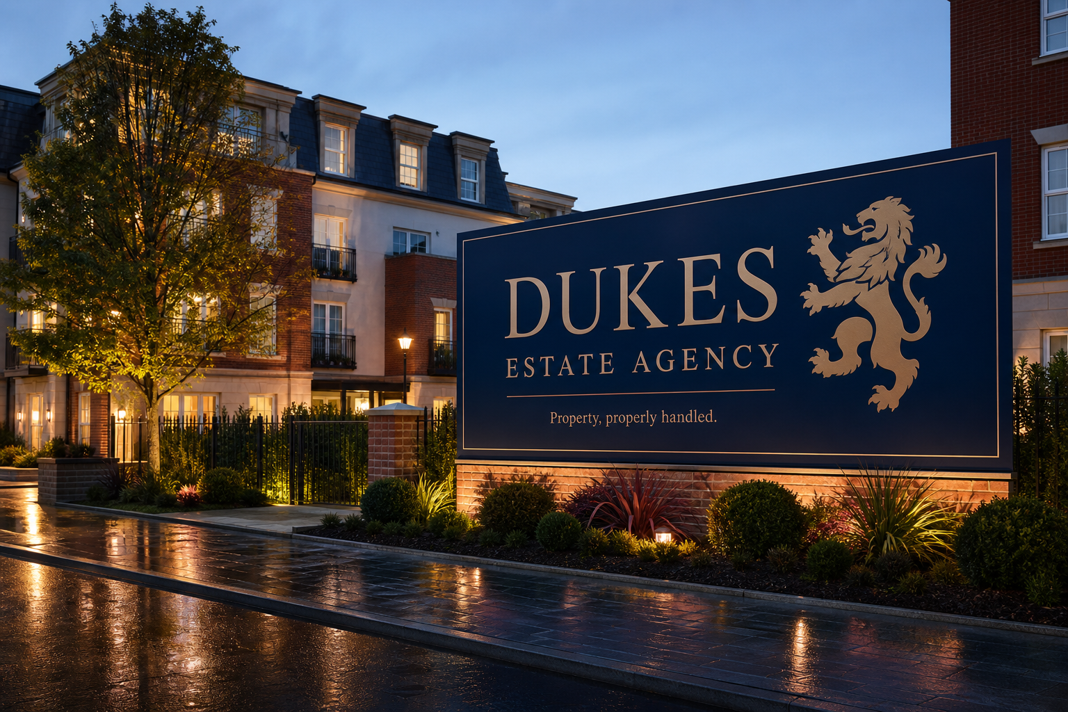 A Dukes Estate Agency Guaranteed Rent billboard overlooking a premium residential development at dusk