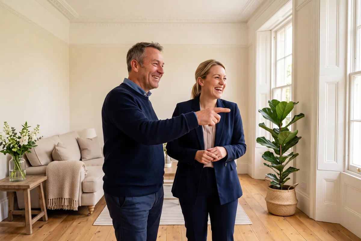 A landlord and a letting agent smiling in a bright, freshly prepared rental room as he points out the window light