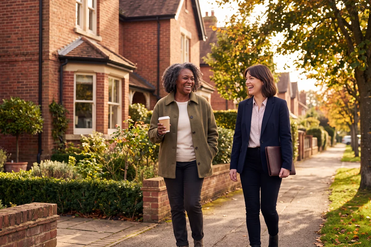 A landlord and her property manager walking a leafy residential street together, laughing after a visit