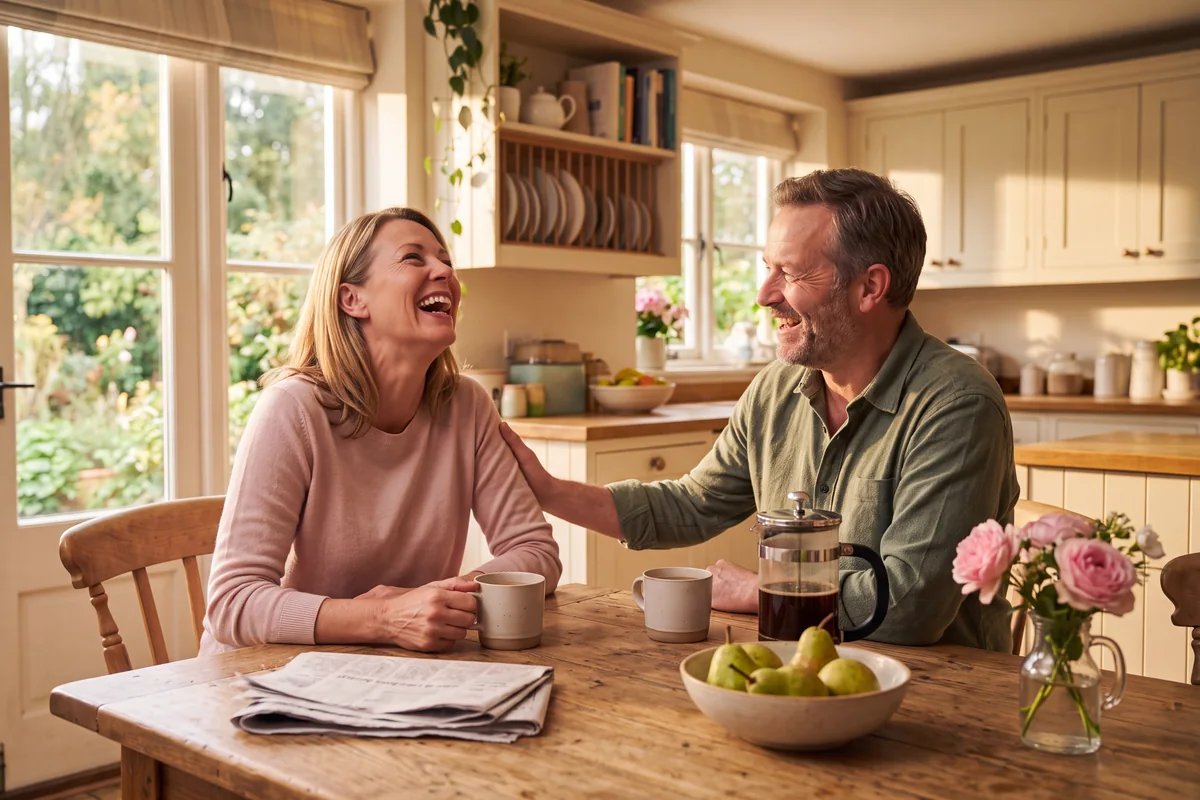 A couple laughing together over morning coffee at their own kitchen table, nothing to chase