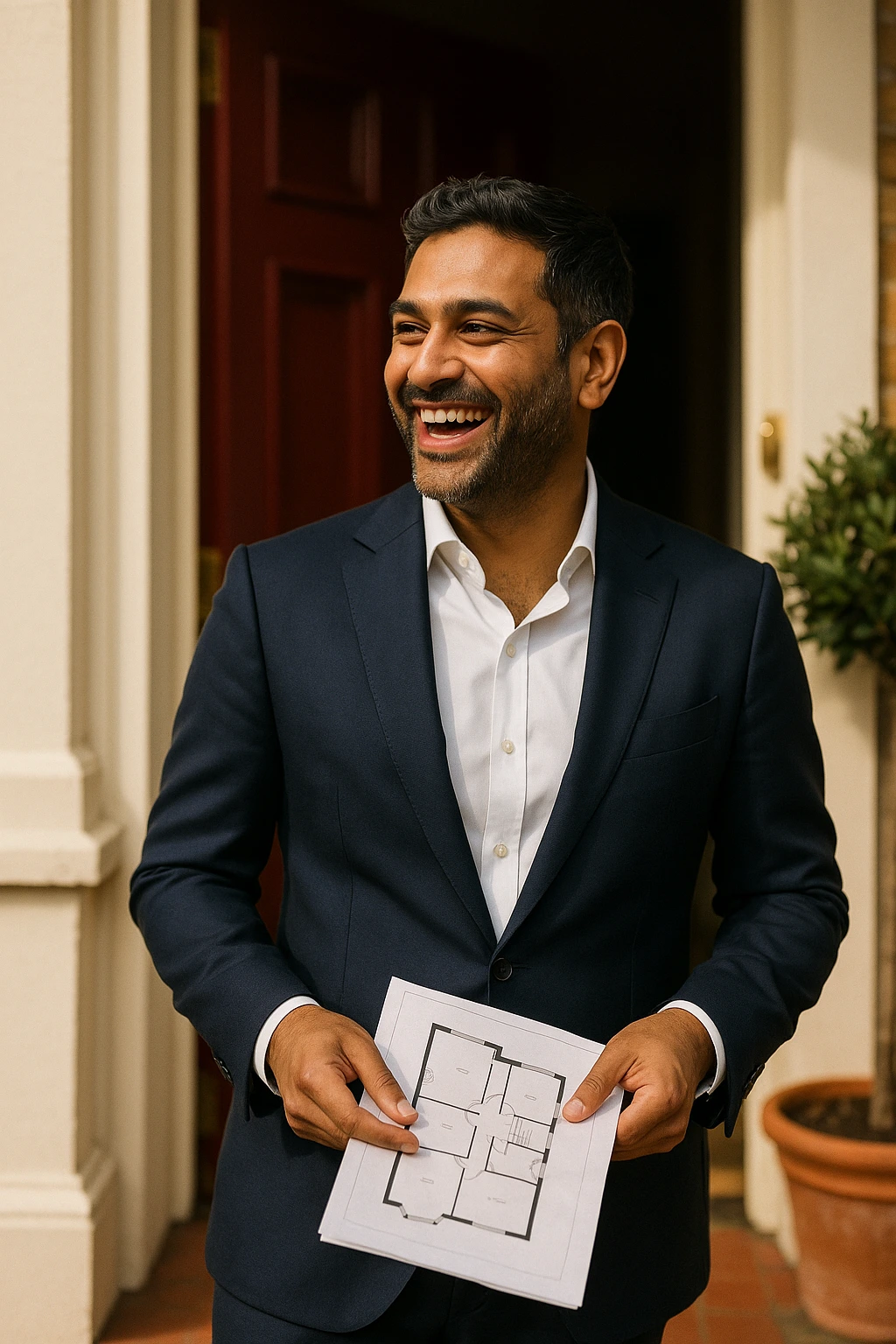 A British Indian estate agent laughing on a doorstep, turned toward someone off-frame with a folded floor plan in hand
