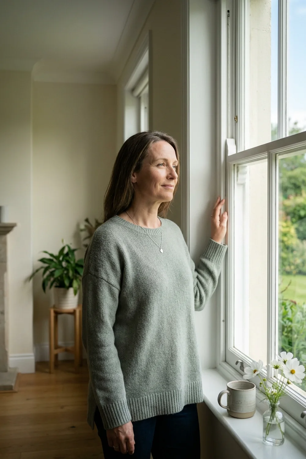 A homeowner standing calmly at her sash window, taking her time over the decision