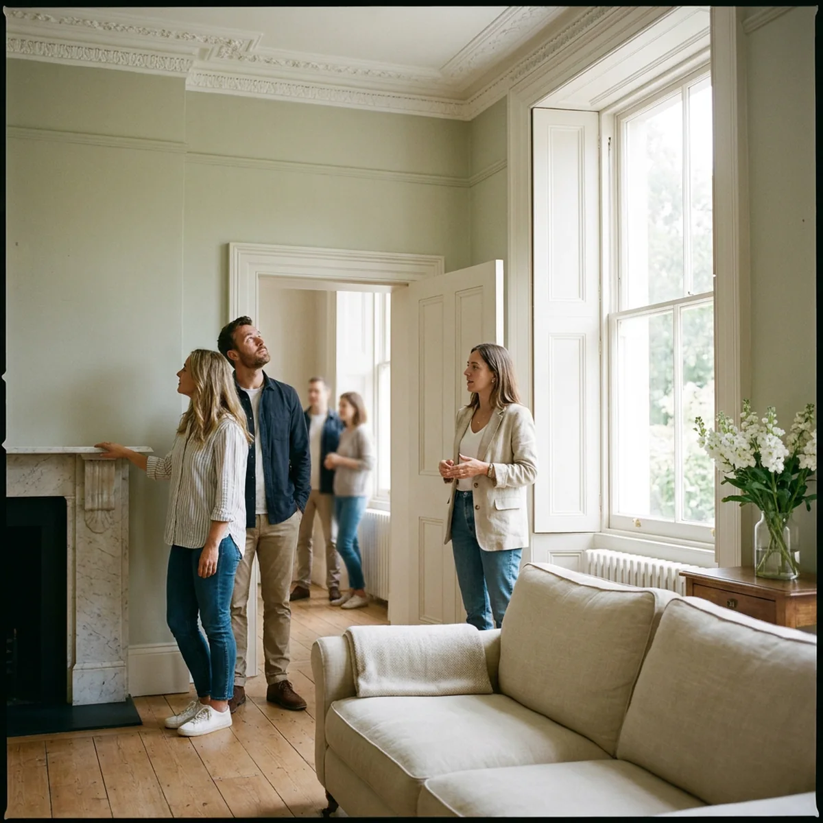 A viewing in progress in a bright period reception room, with a second pair of viewers waiting in the doorway