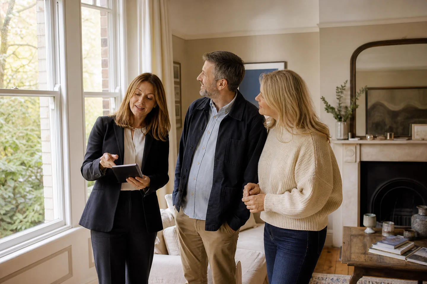 A couple and a property professional reviewing the condition of a period home together.