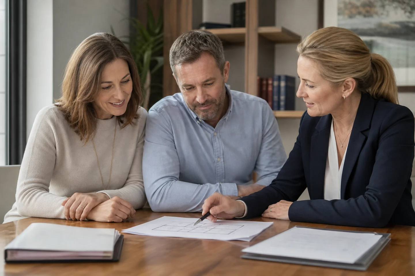 A couple and a conveyancer reviewing a property plan together.