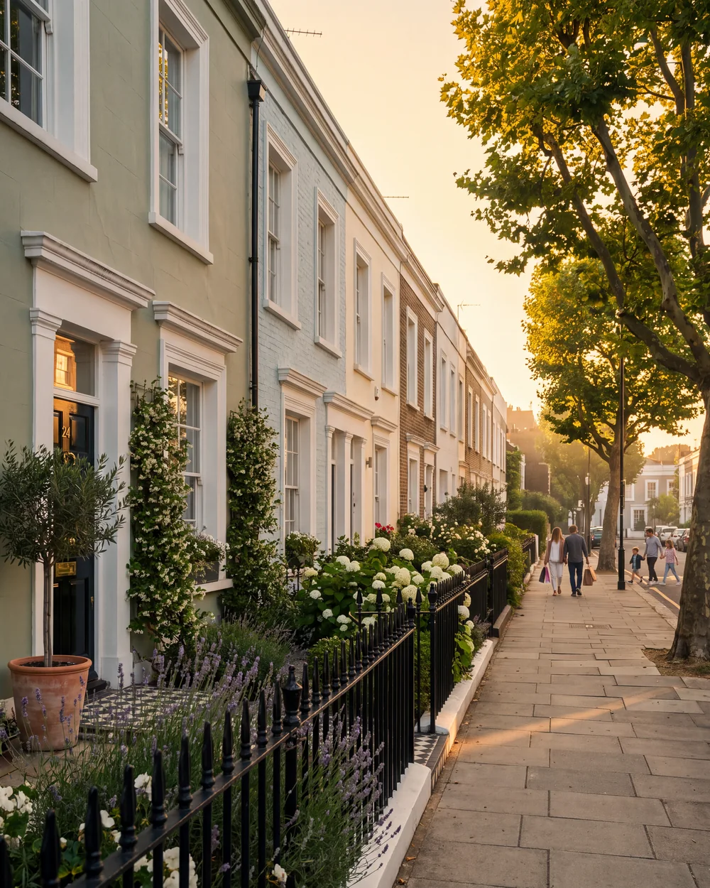 A residential terrace of painted period houses in early-evening light, with neighbours walking home