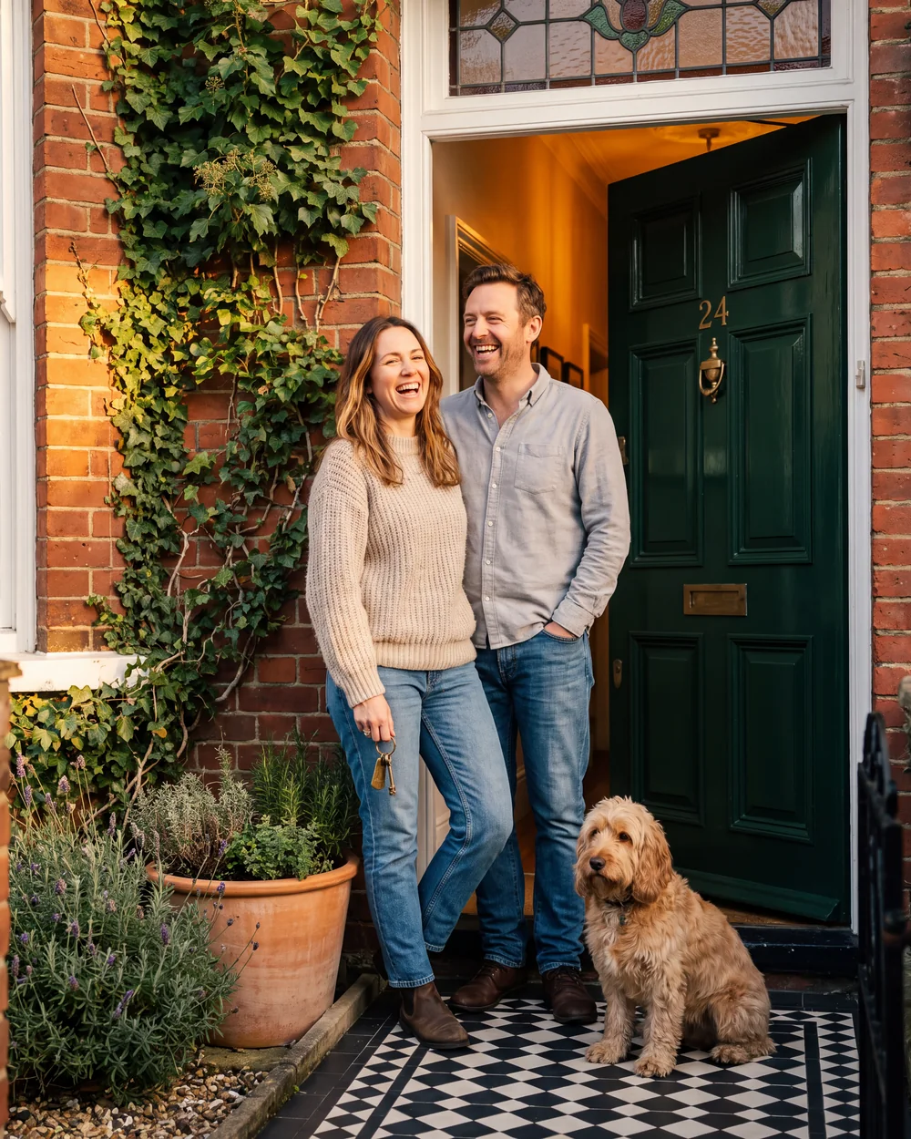 Homeowners laughing on their own doorstep, house keys still in hand and the front door open behind them