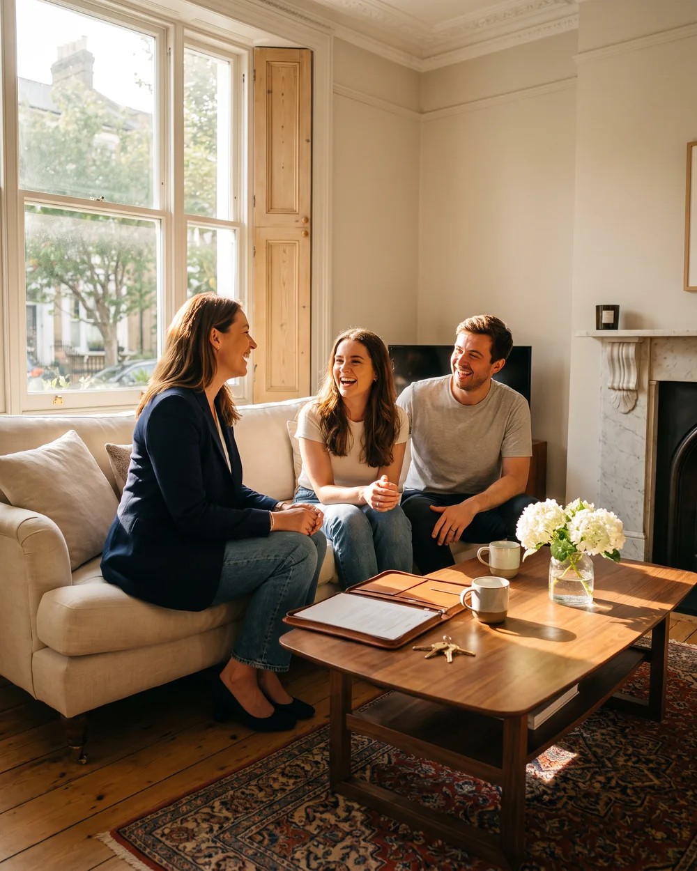 A Dukes agent sitting with a couple in their front room, going through the property details together