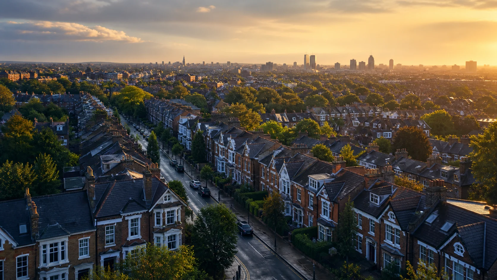 An elevated golden-hour view over rows of British period homes with a city skyline on the horizon