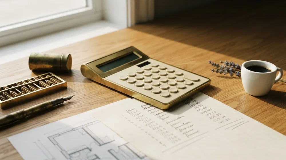 A brass desktop calculator beside a column of handwritten figures and a small abacus