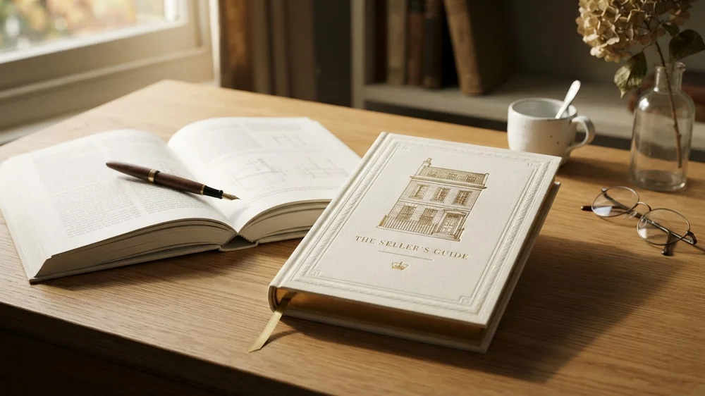 The Seller's Guide, a cream linen hardback with an engraved townhouse on the cover, open beside a second copy