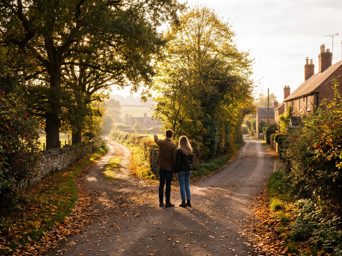 A couple pausing where a country lane forks into two routes in autumn light, deciding which way to go