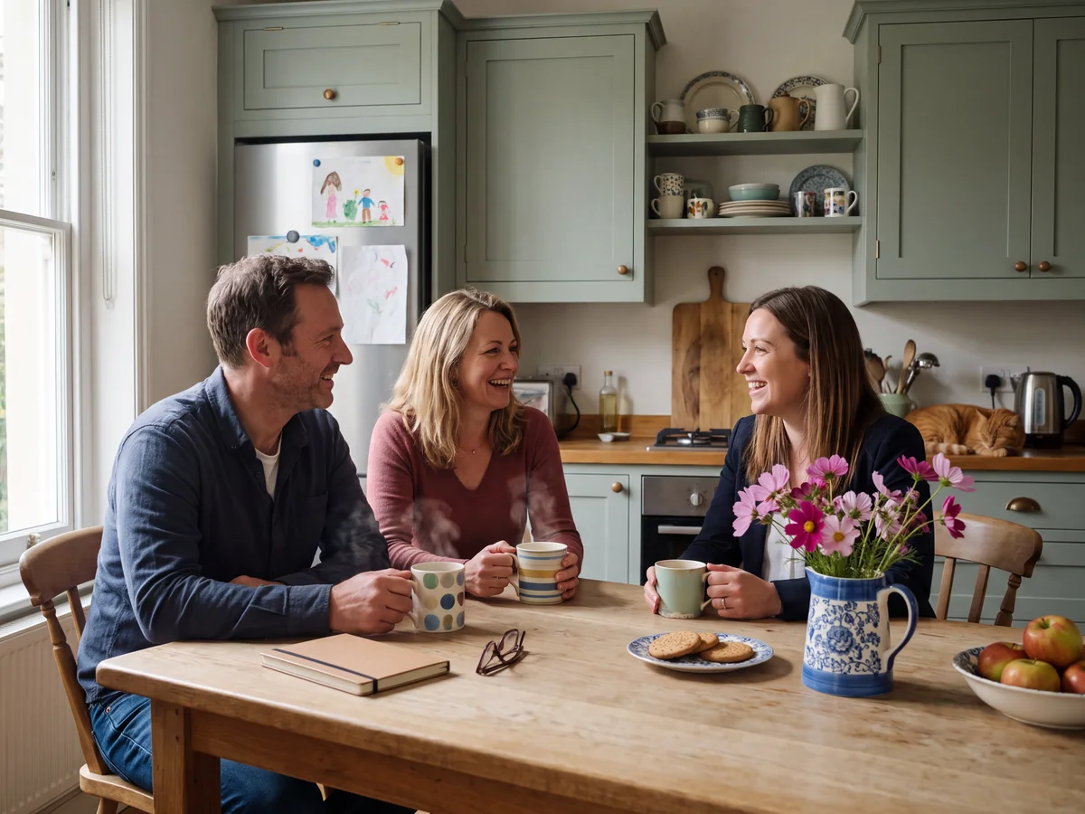 A couple and their agent talking over mugs of tea at a kitchen table, with no paperwork between them