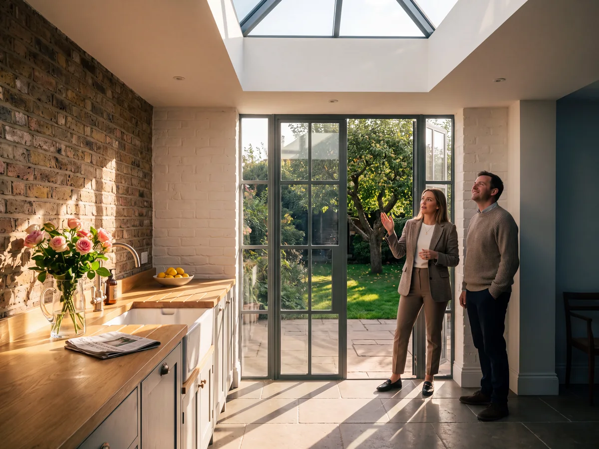An agent and a homeowner standing in a glazed rear extension, looking up at the roof lantern and the garden light