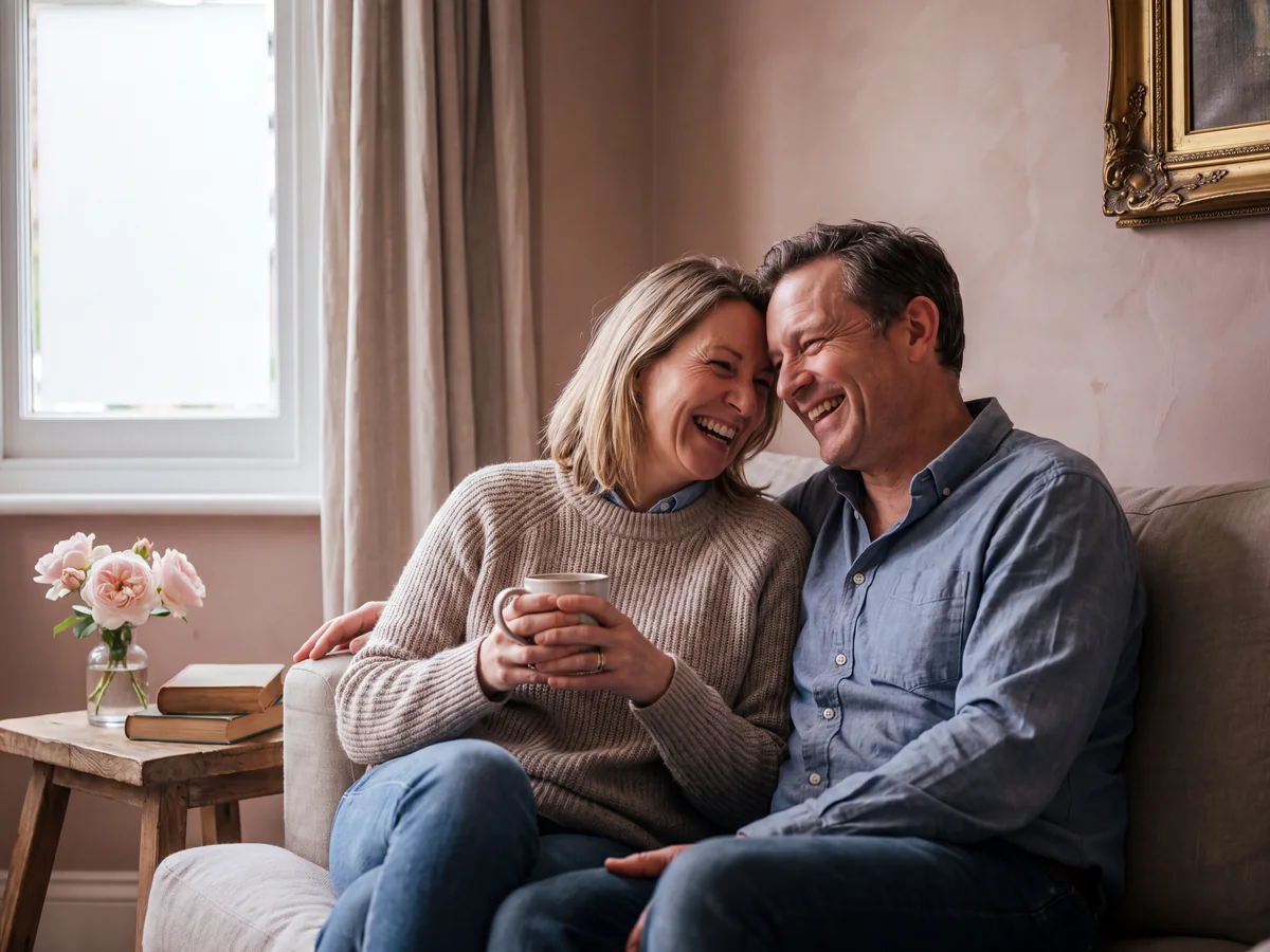A couple laughing together on their sofa at home, relaxed after their move