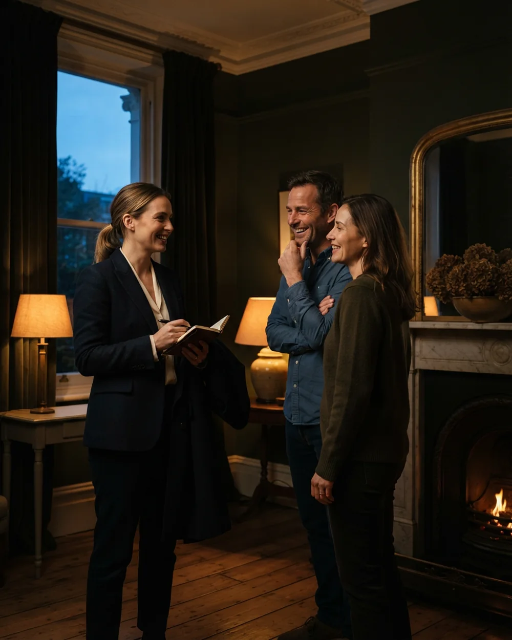 An agent standing with a couple by lamplight in their front room in the early evening, coat still over her arm
