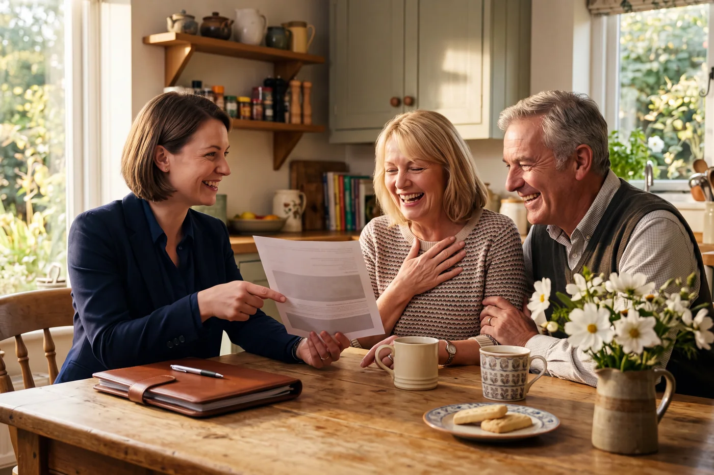 A Dukes agent and a couple laughing together at a kitchen table as she points out a line on a printed document
