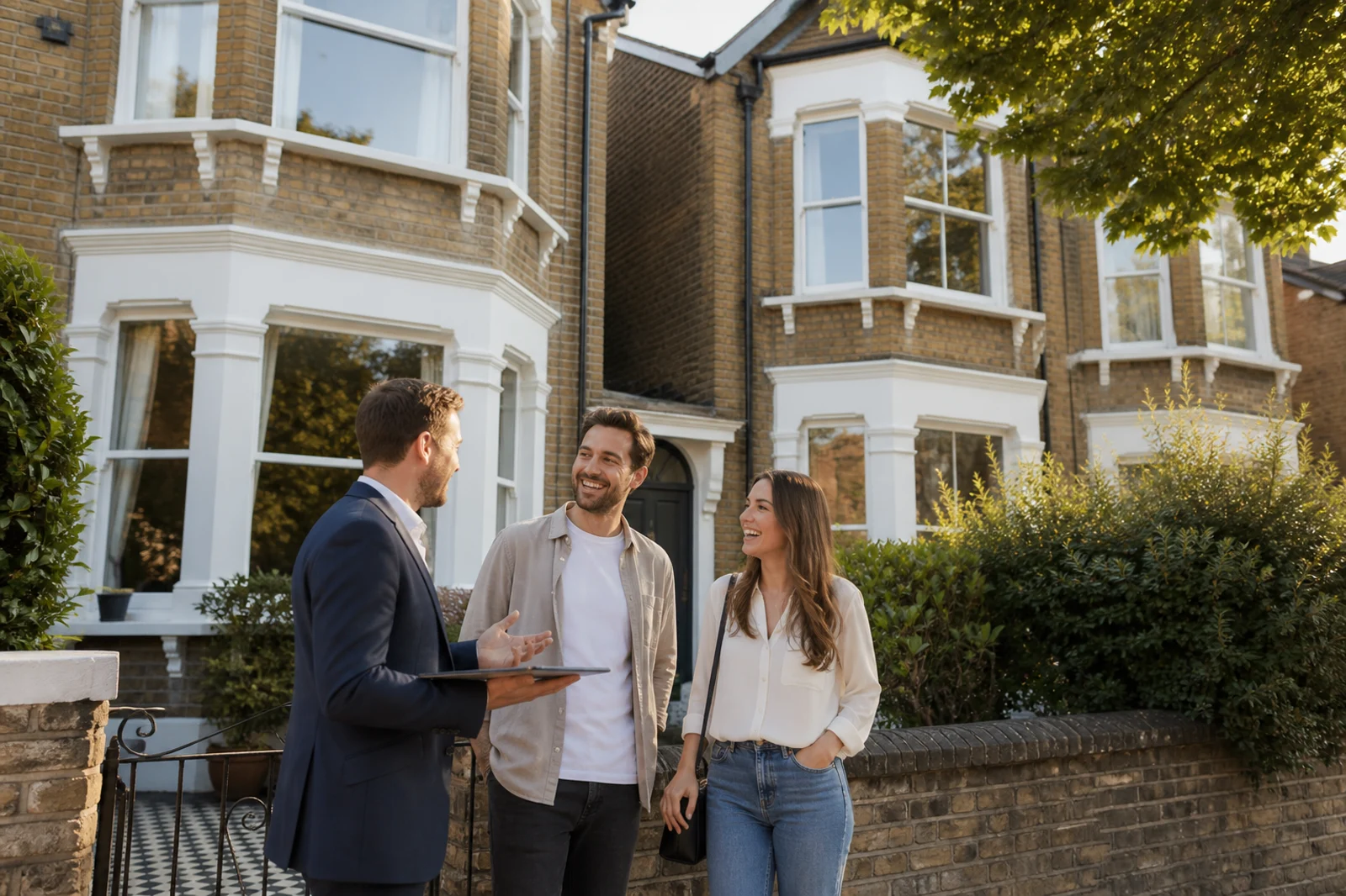 Homeowners and a local estate agent smiling outside a Victorian home after a valuation conversation
