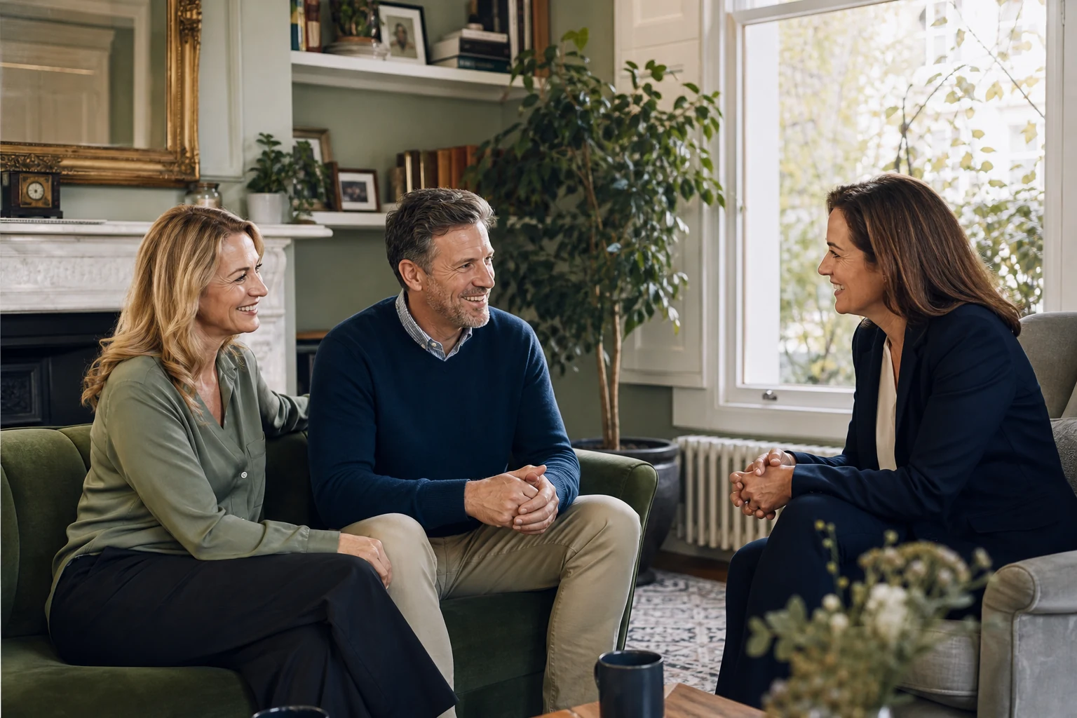 A smiling couple talking with a property adviser in their living room.