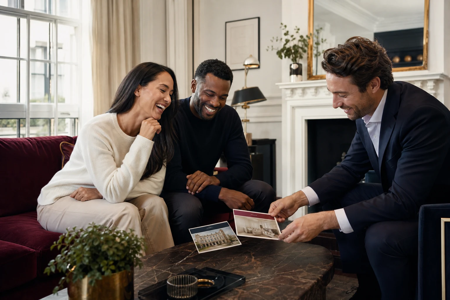 A happy couple comparing two selling routes with a property adviser.