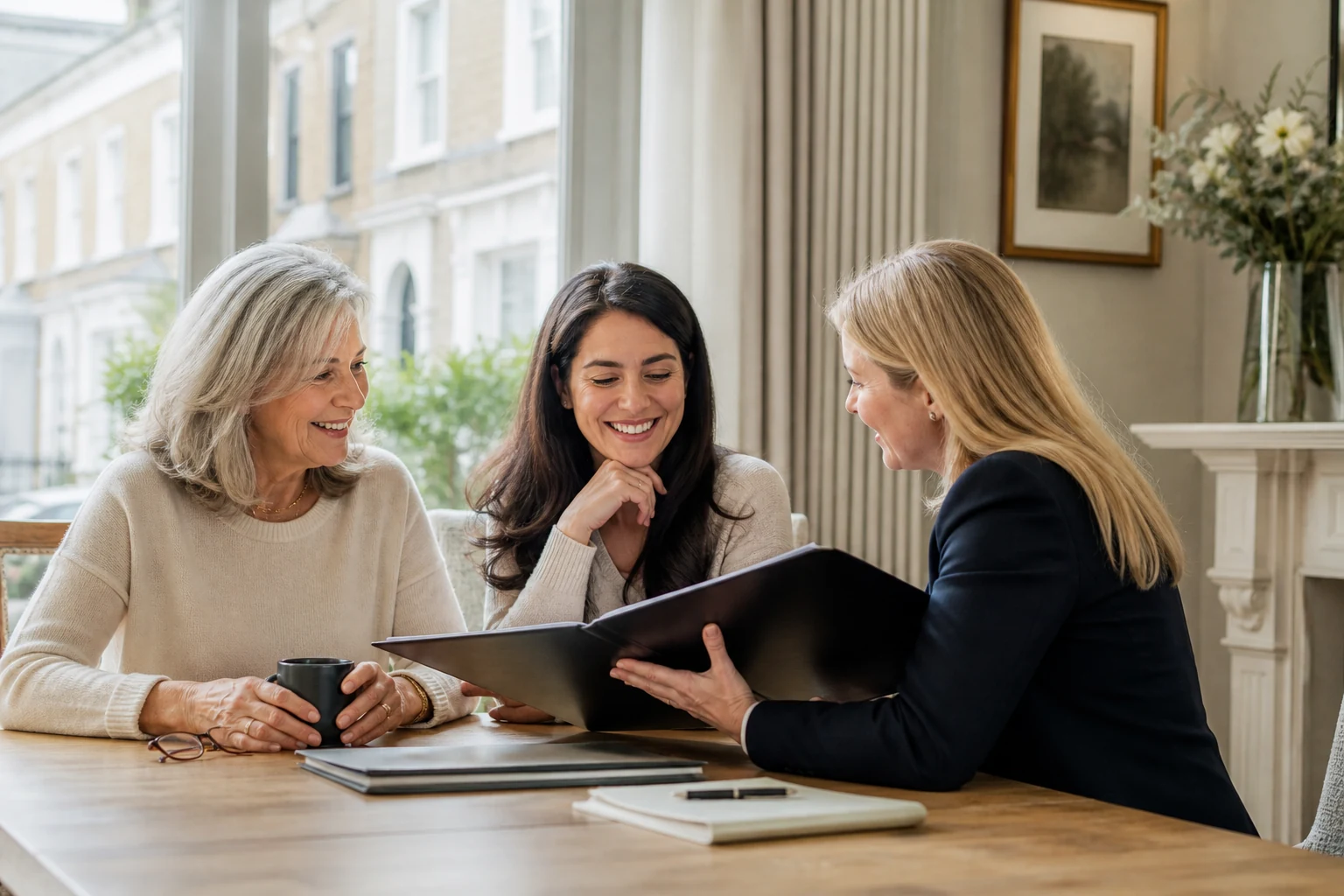 A homeowner and her daughter reviewing a tidy property file with an adviser.