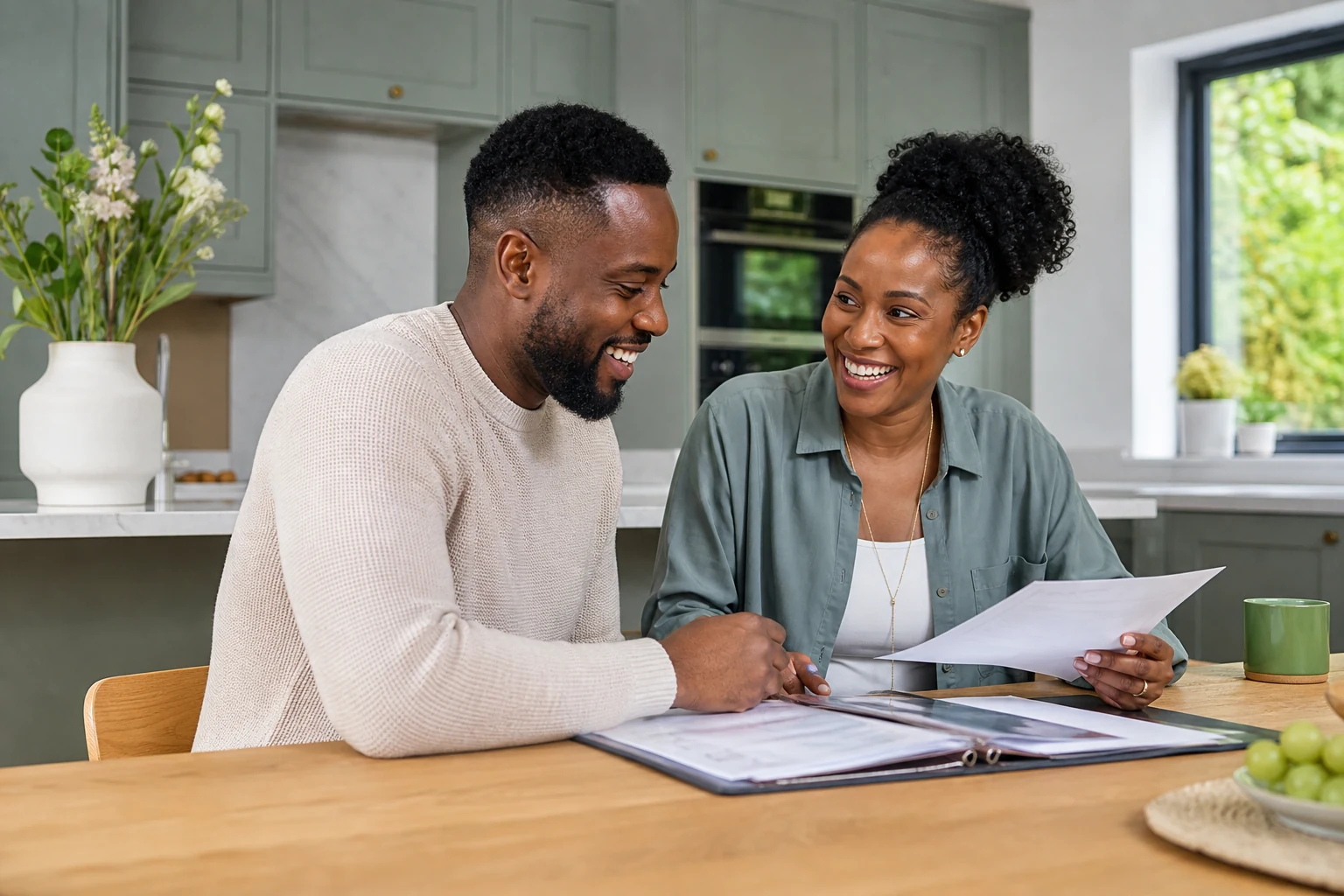 A happy couple organising property certificates together at home.