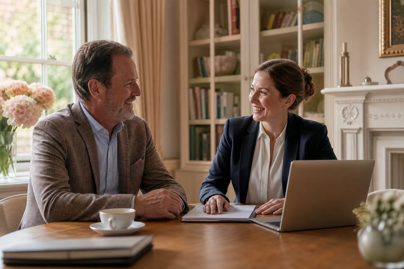 A cheerful homeowner speaking with a conveyancer in a home study.